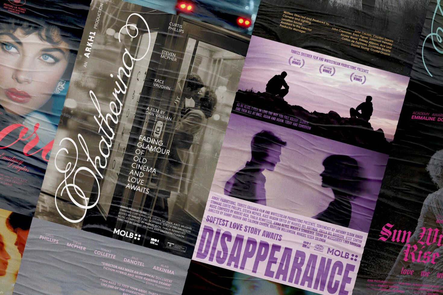 Vintage film poster designs showcasing retro aesthetics, featuring elegant fonts and cinematic themes for graphic design inspiration in creative projects.