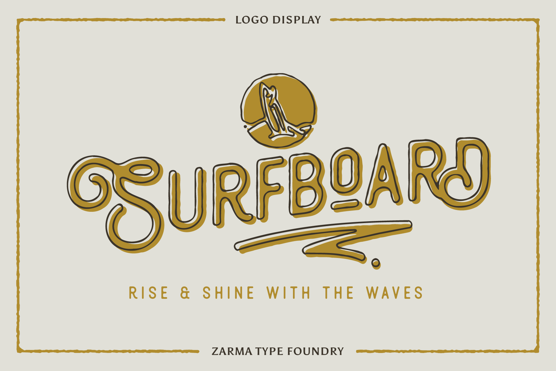 Retro surfboard font design in gold with wave motif suitable for logo and branding. Ideal for designers seeking vintage typography mockups or templates.