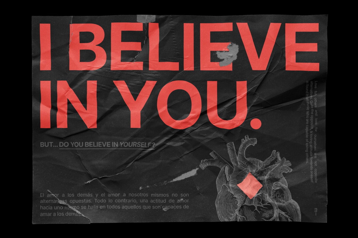 Black poster with bold red text I BELIEVE IN YOU over torn edges showing anatomical heart