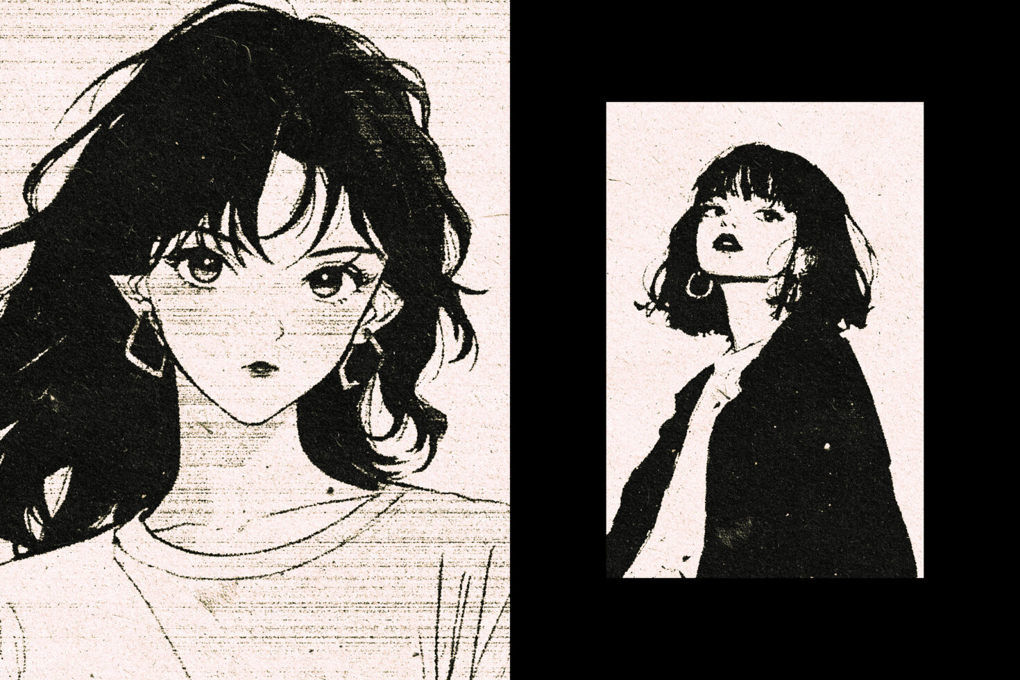 Vintage anime style illustration featuring two female characters with black hair and earrings; textured background; ideal for graphic design projects.