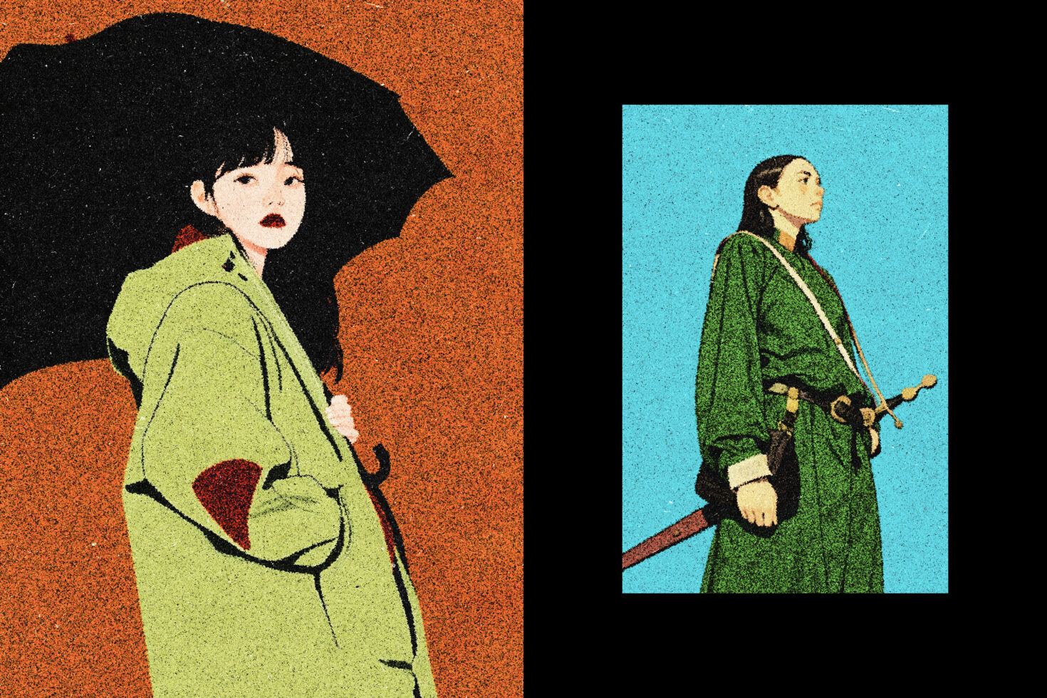 Illustrated girl in yellow jacket with black hair holding umbrella, plus girl in green coat with sword