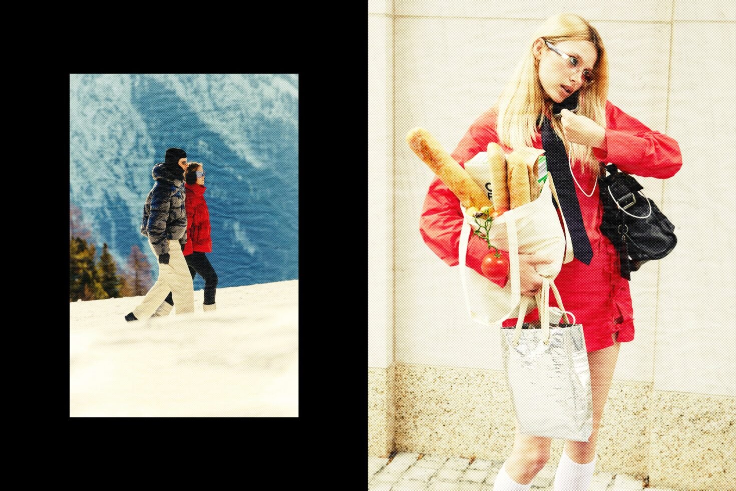 Fashion editorial collage showcasing winter and urban styles. Left: couple in snowy mountains. Right: woman in chic city attire with groceries and handbag.