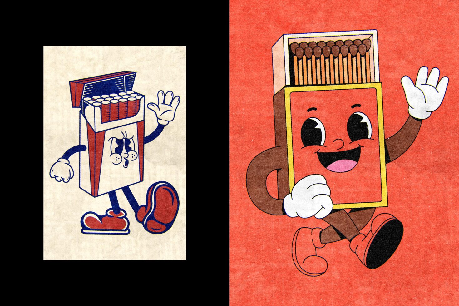 Vintage cartoon style characters of a cigarette pack and matchbox with playful expressions. Ideal for retro graphics and design templates.
