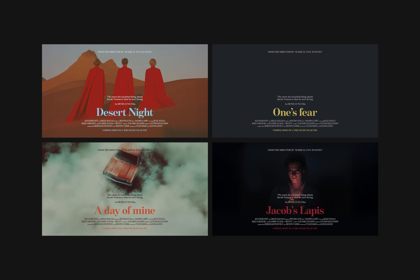 Film poster mockup featuring four distinct designs with titles Desert Night, One's Fear, A Day of Mine, Jacob's Lapis. Ideal for graphic designers.