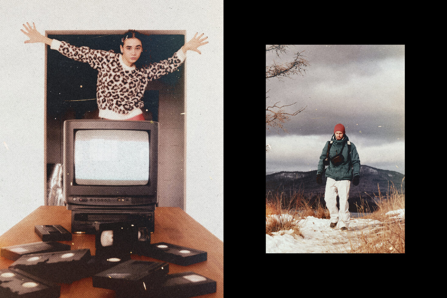 Retro collage image with TV, VHS tapes, and person in leopard top; outdoor hiker with backpack in snowy landscape. Vintage design mockup for graphics.