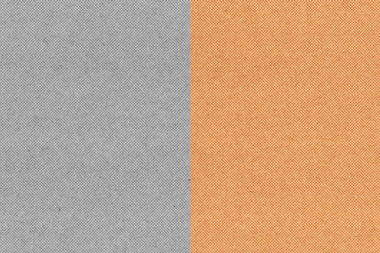 Gray and orange textured fabric background divided vertically, ideal for use in graphic design projects, mockups, and templates for designers.