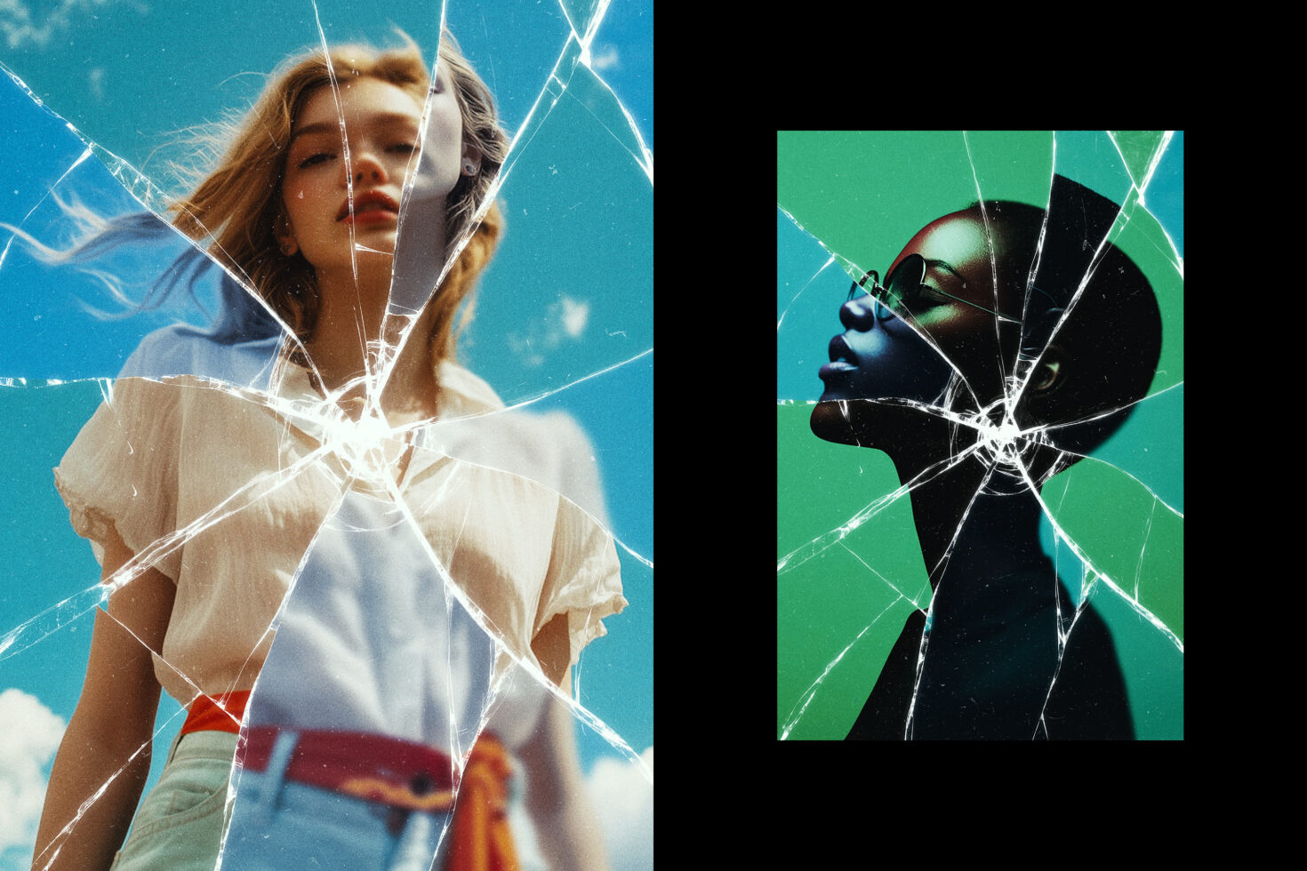 Surreal collage with shattered glass effect overlaying portraits of diverse models against blue and green backgrounds for creative graphics or templates.