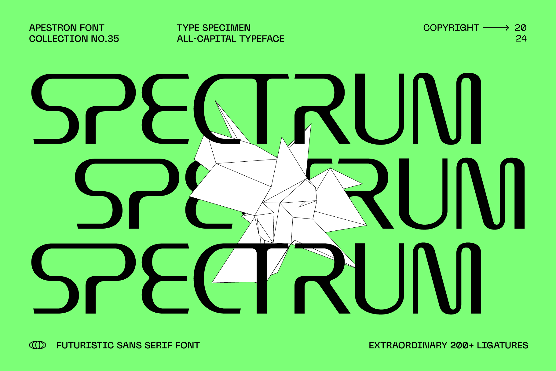 Spectrum font specimen with geometric shapes overlaid on bright green background