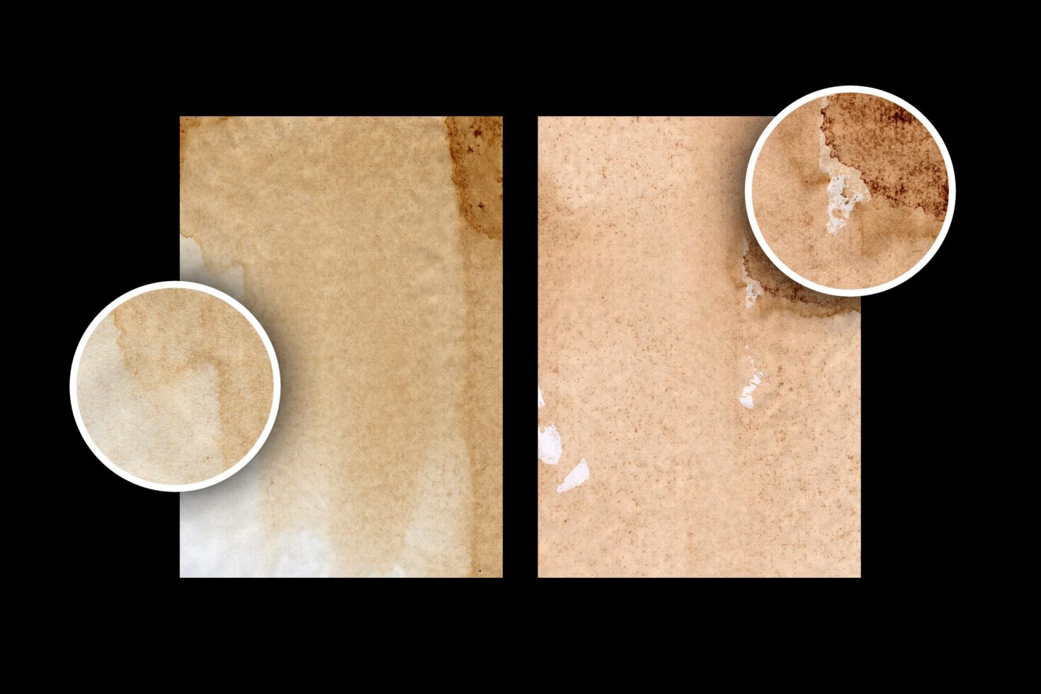 Rustic paper textures with coffee stains and distressed details, perfect for vintage design projects, graphics, templates, scrapbook elements.