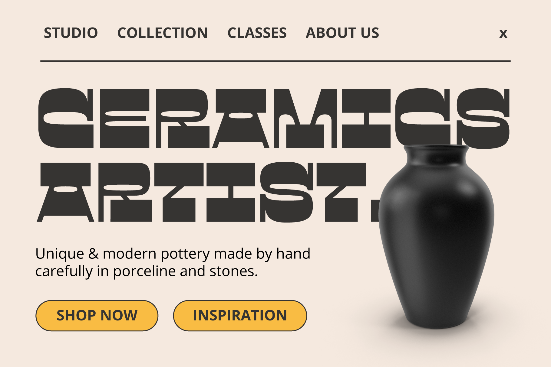 Ceramic Artist studio website homepage with black pottery vessel product image