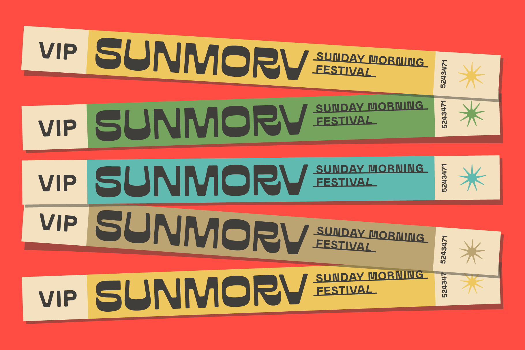 Five colorful VIP festival wristband mockups on a vibrant red background suitable for events branding designers templates graphics and marketing assets.