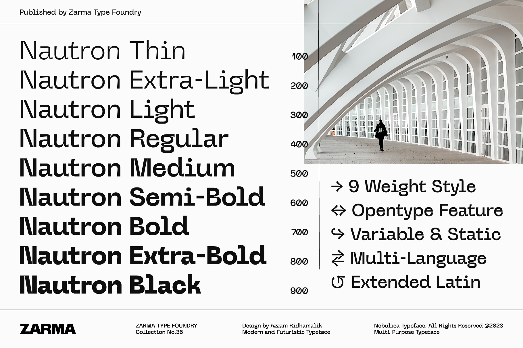 Nautron font family preview in various weights from Thin to Black. Features include 9 weight styles Opentype compatibility variable and static options.