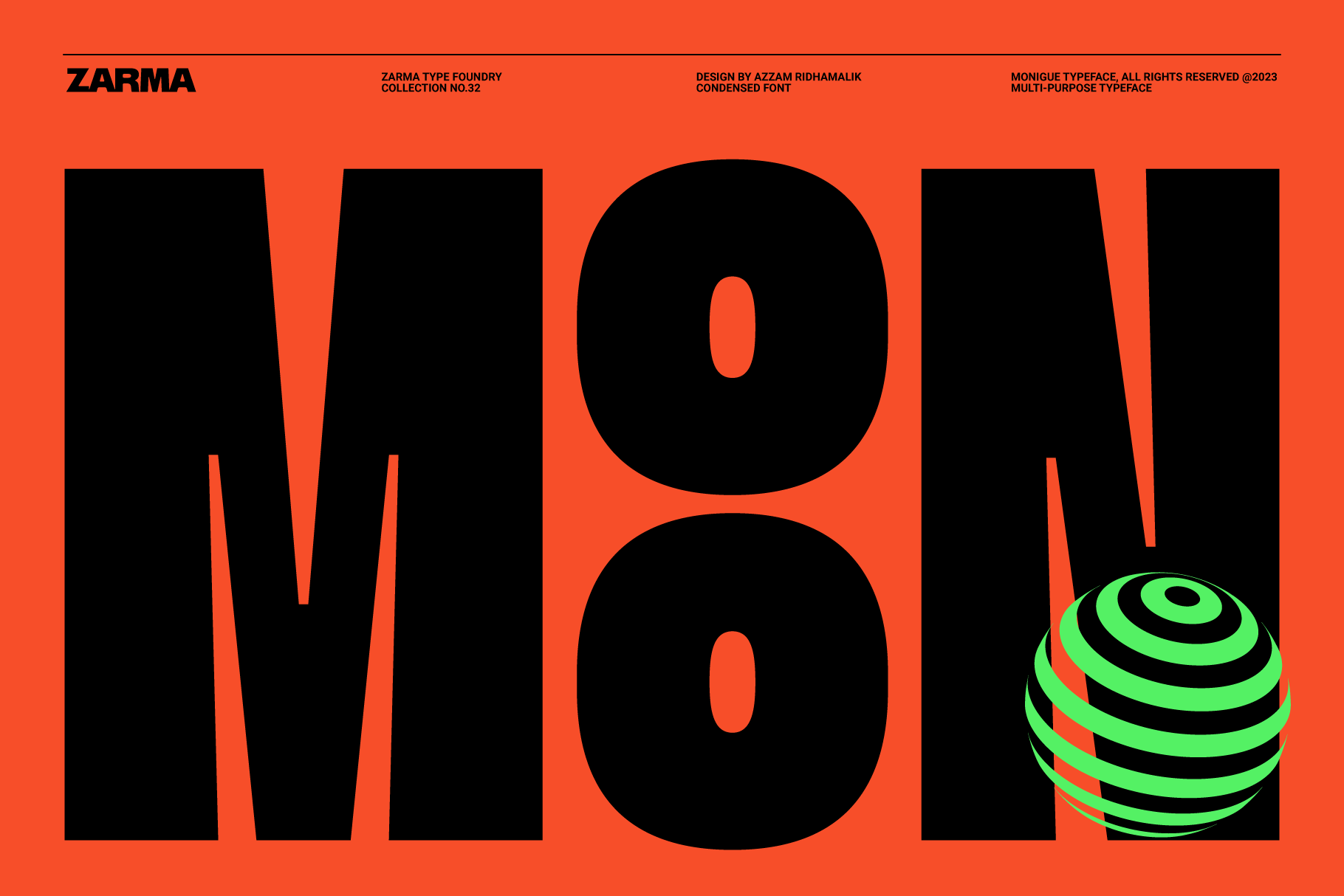 Bold black typography MON on orange background, designed by Zarma Type Foundry. Green striped sphere adds dynamic contrast. Graphic design asset.
