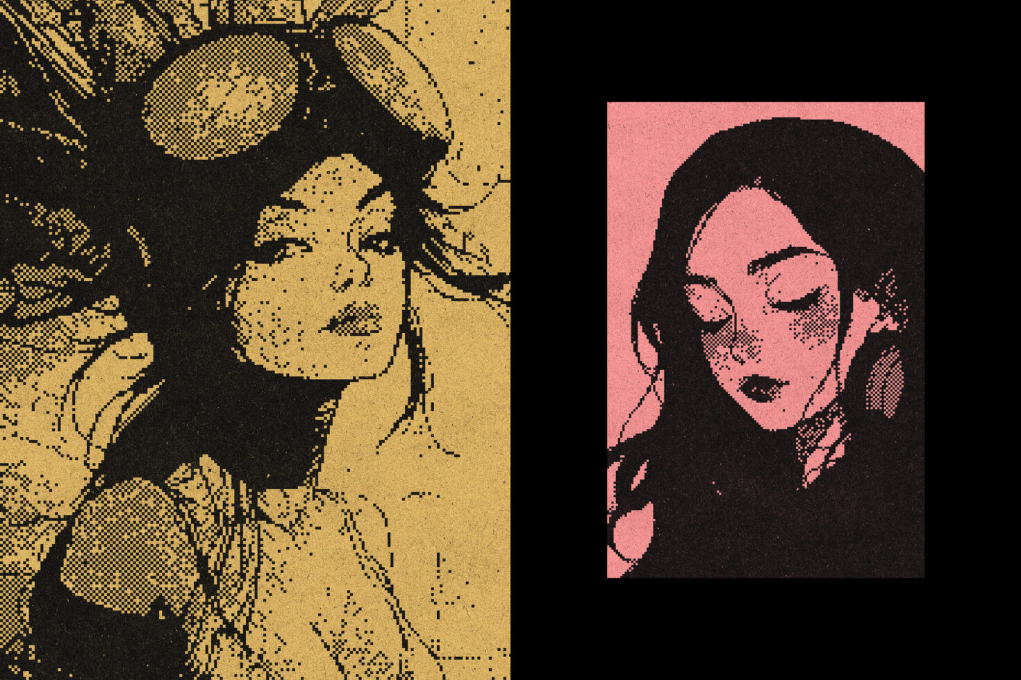 Two vintage pop art illustrations featuring women; one with goggles in sepia tones and one in pinkish hues, perfect for graphic design and templates.