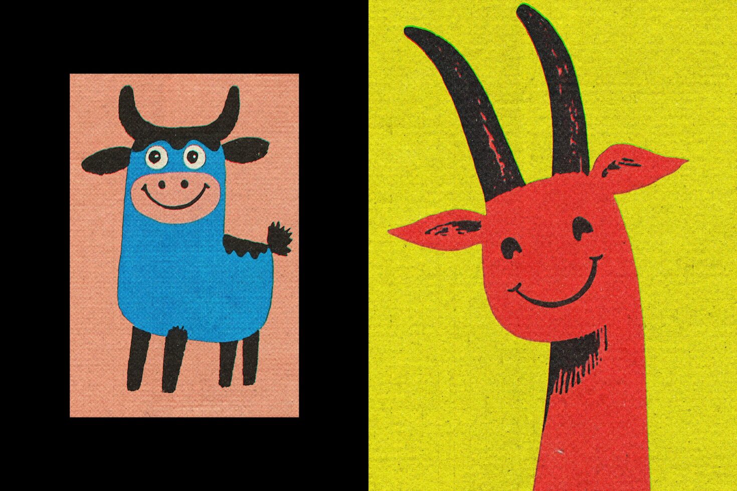 Colorful playful animal illustrations of a blue cow and a red goat with cartoon smiles on textured backgrounds idle for graphics and design projects.
