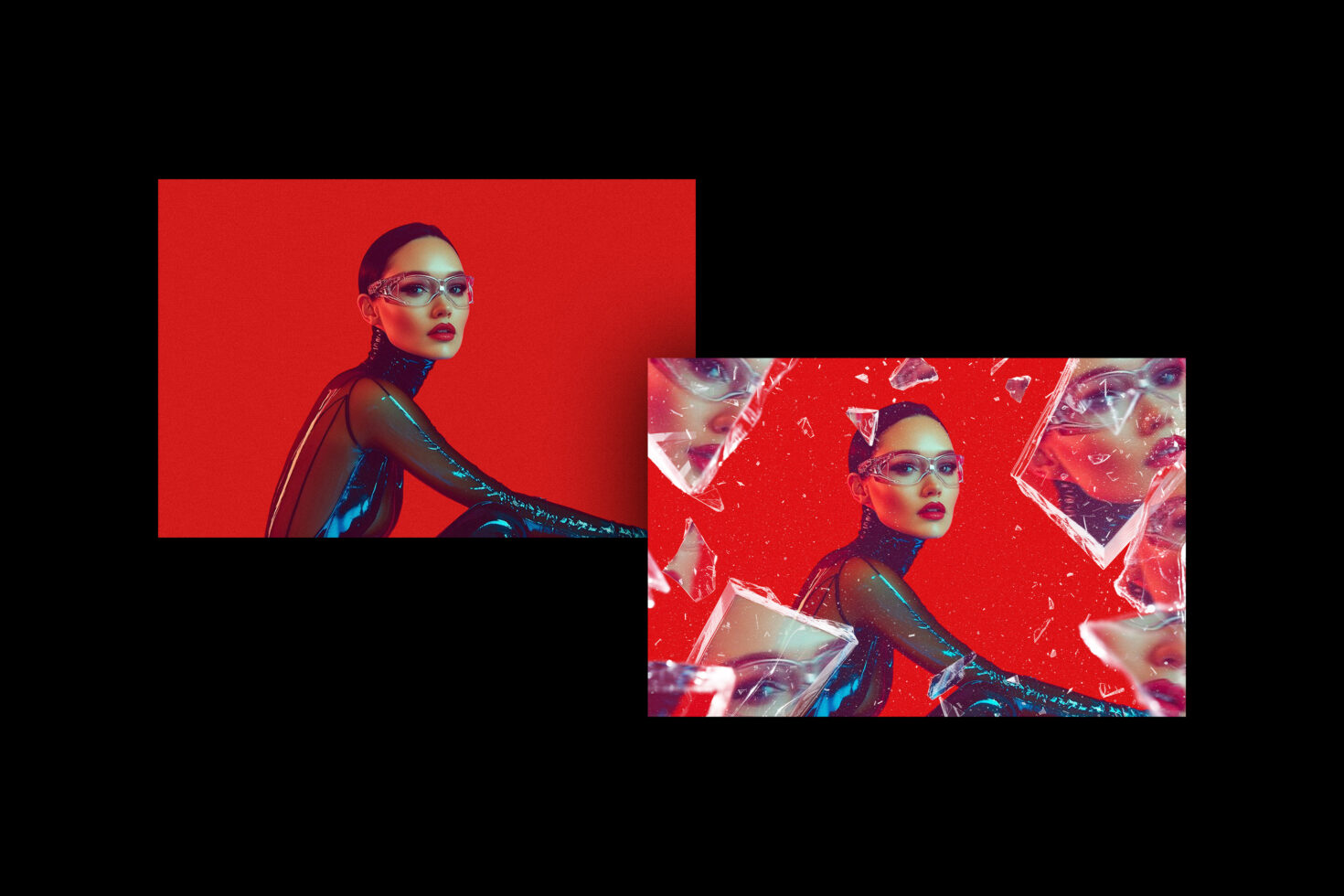 Futuristic digital art featuring a model in sleek attire and eyewear against a vibrant red backdrop ideal for graphic design mockups and visuals.