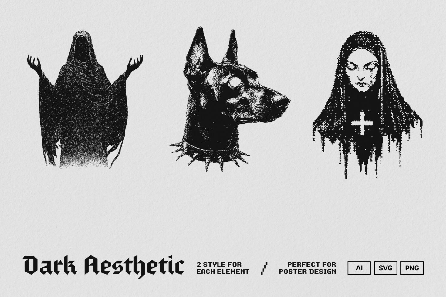 Dark aesthetic graphics featuring hooded figure, spiked collar dog, and gothic girl. Ideal for poster design. Files: AI, SVG, PNG. Perfect for designers.