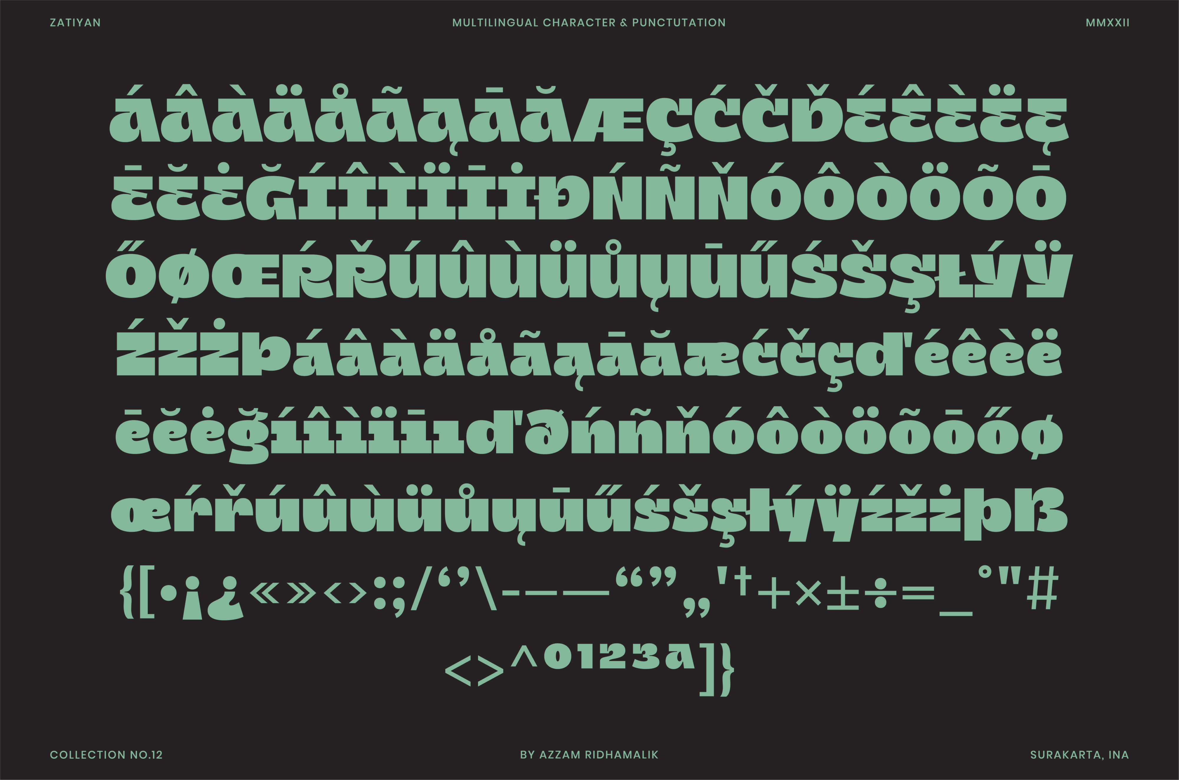 Accented letters, diacritics, numerals, punctuation set specimen