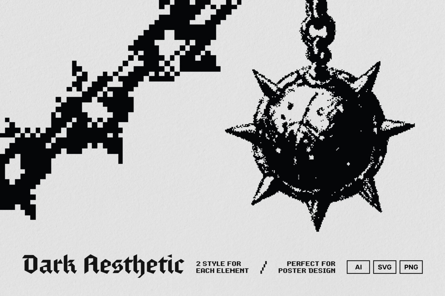 Dark aesthetic graphic featuring pixelated spiked ball and chain design. Ideal for poster design. Available in AI, SVG, PNG formats. Perfect for templates.