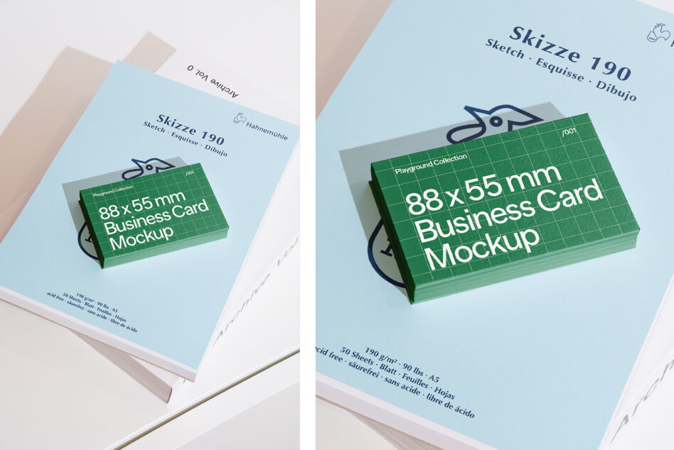 Business card mockup on light blue paper with Skizze 190 sketch pad