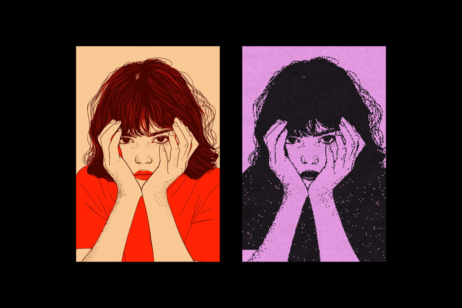 Two illustrated portraits of a woman holding her face. The left in vibrant colors, the right in monochrome. Perfect for graphic design and art projects.