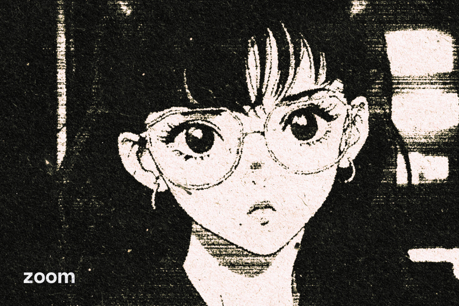 Anime style graphic of a girl with glasses, black and white manga art, close-up, high contrast, digital asset for designers, texture effect