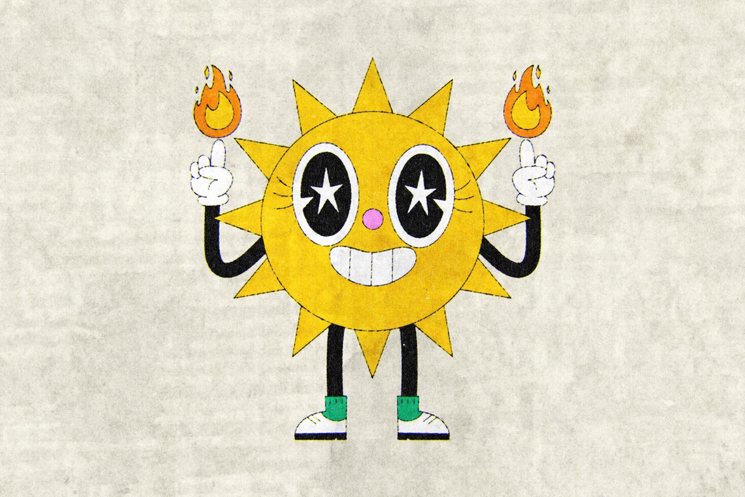 Cheerful cartoon sun character with starry eyes holding flames on fingers against textured backdrop playful illustration for graphics and templates designers