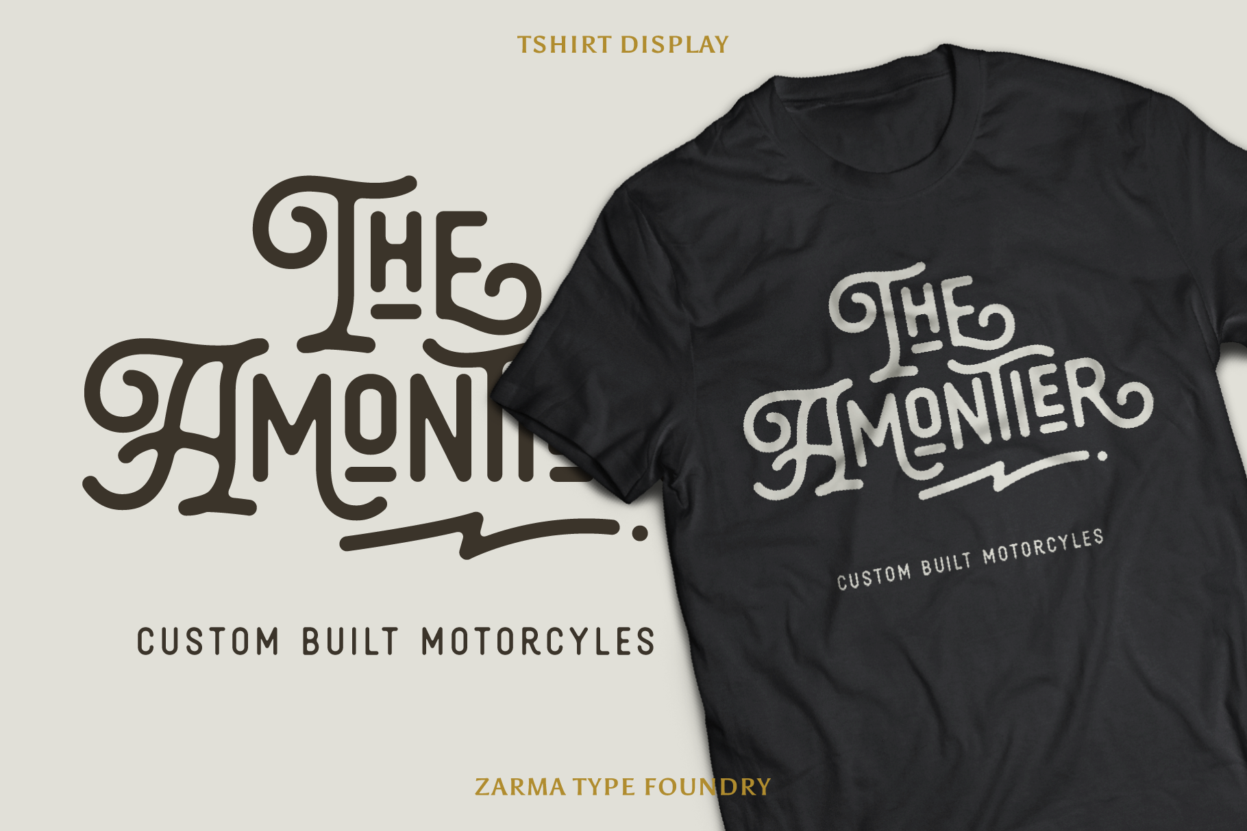 Black T-shirt displaying The Amoniter logo in decorative font. Stylish design suitable for custom-built motorcycles theme. Ideal for graphic designers.