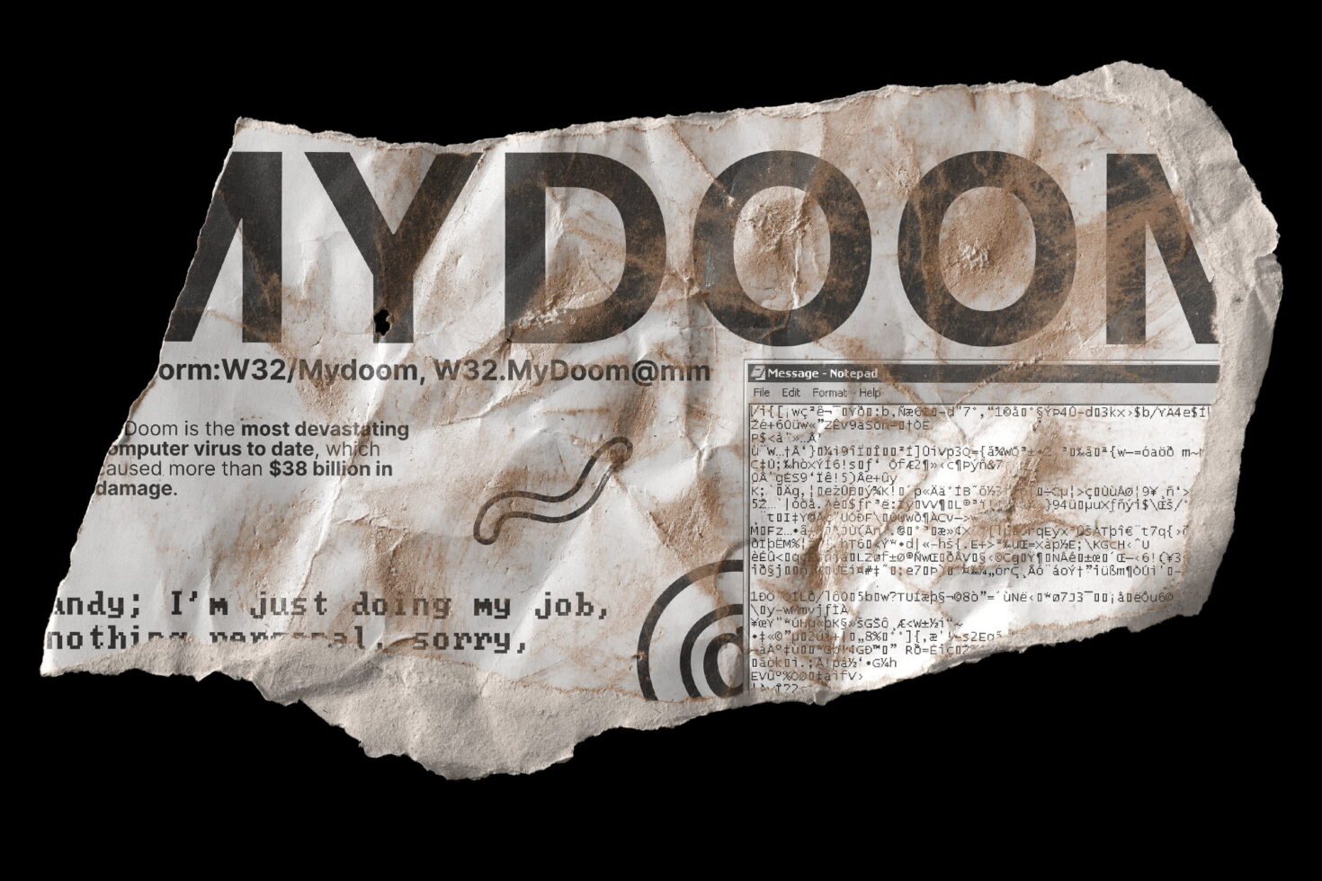 Distressed paper texture with MYDOOM virus text, code snippet, worm graphic on aged background