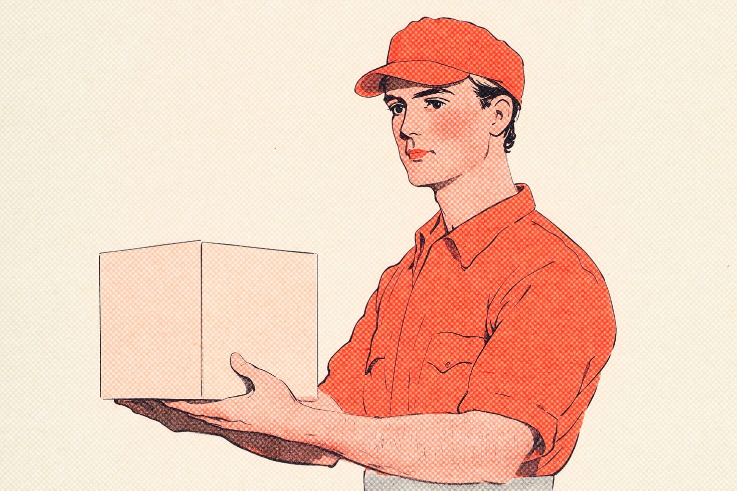 Illustration of a man in red holding a box suitable for delivery service designs. Vintage graphic style ideal for mockups and marketing templates.