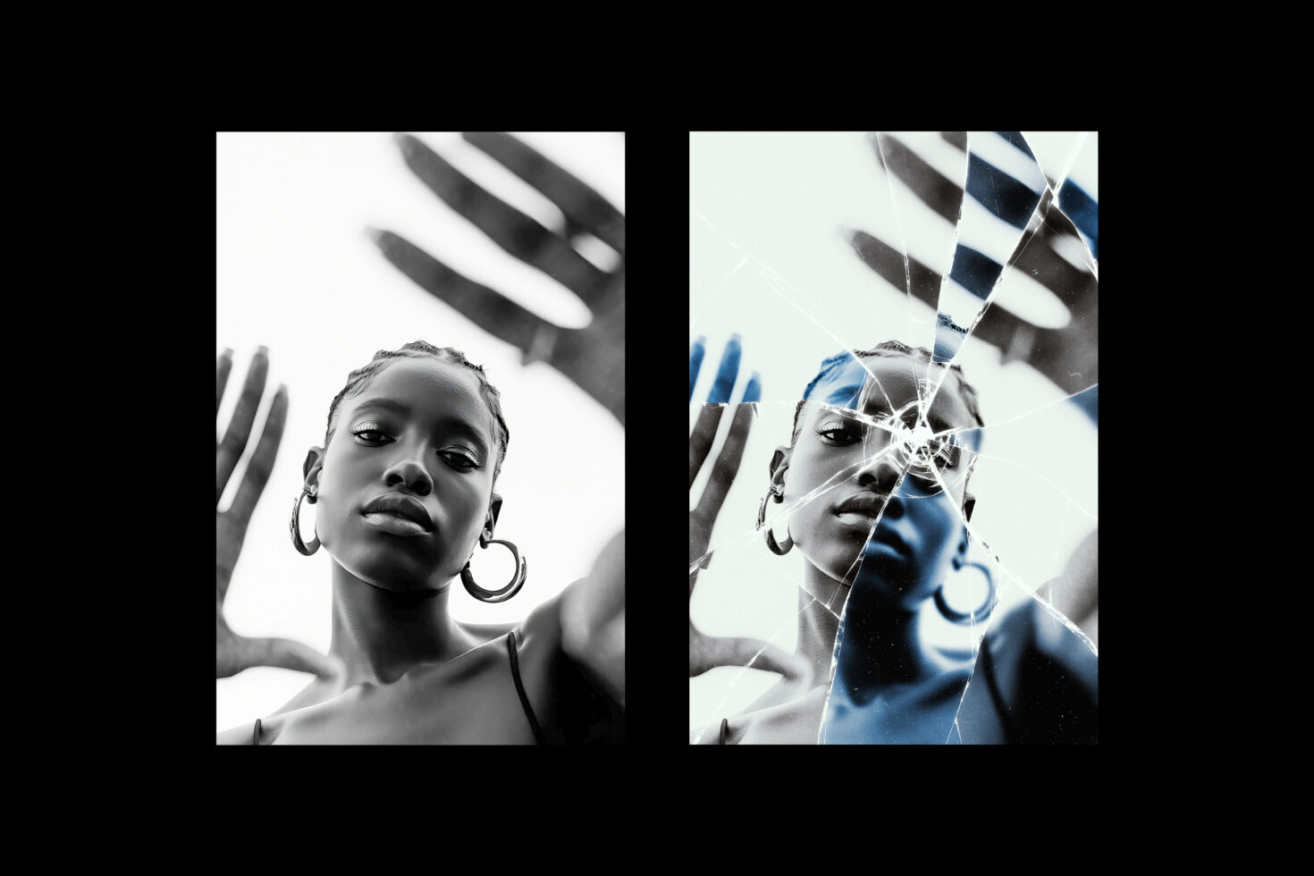 Black and white portrait with creative split and shattered effect, elegant composition, ideal for graphic design projects, digital art resources, mockups.