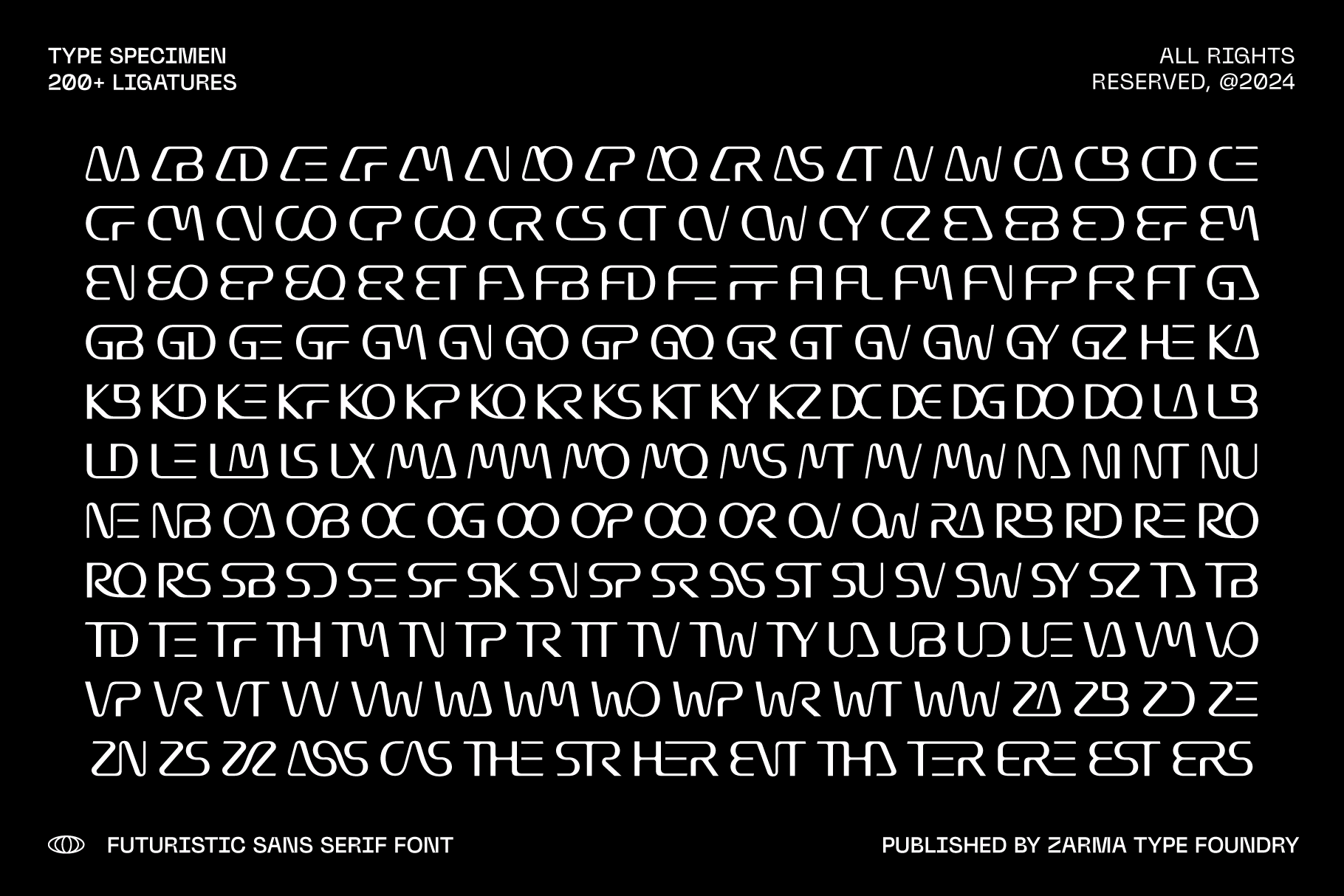 Outline ligature specimens displaying 200+ letter combinations in white