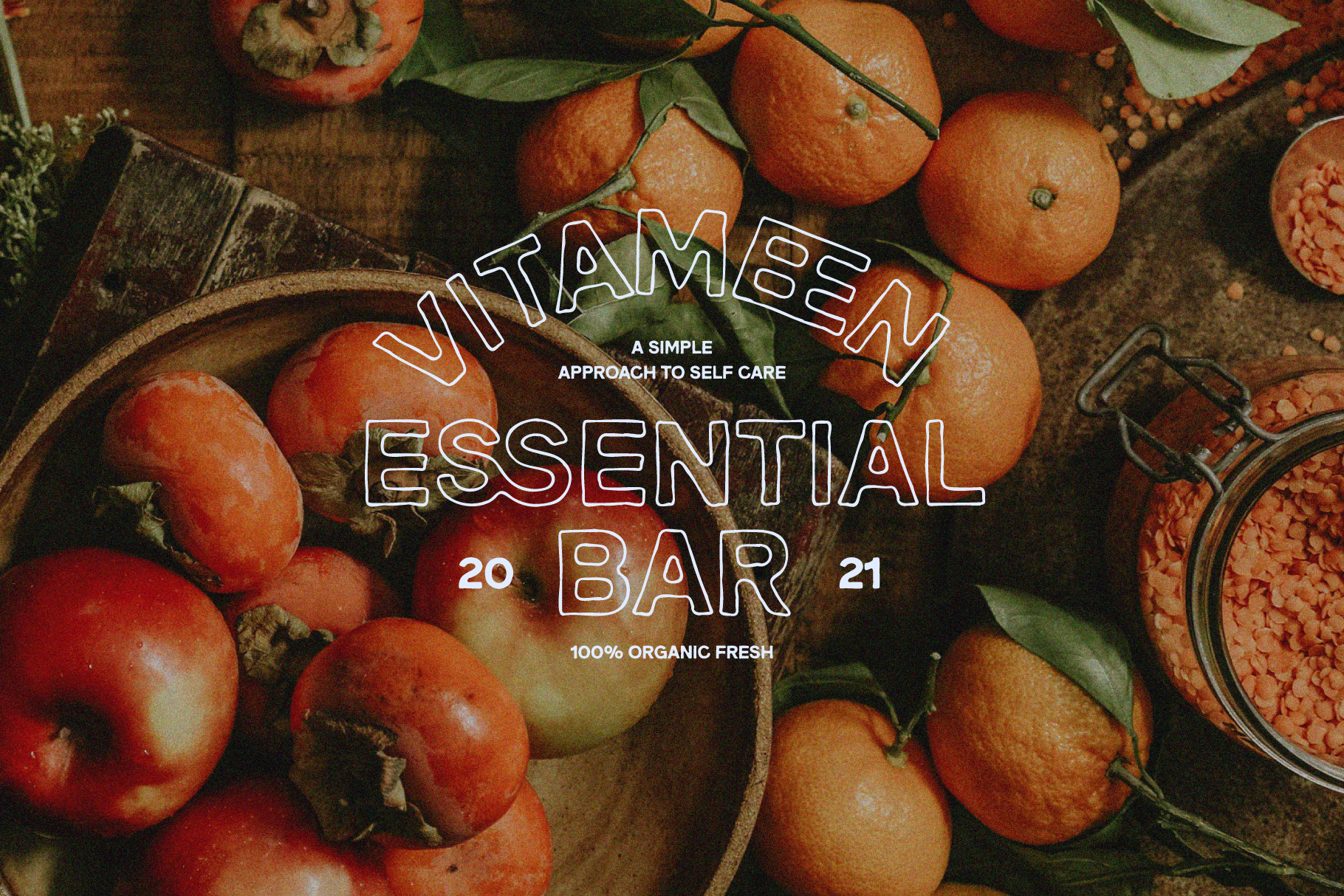 Organic fruits and lentils display with overlay text Vitameen Essential Bar Self Care. Ideal for graphics templates mockups. Vintage earthy design.