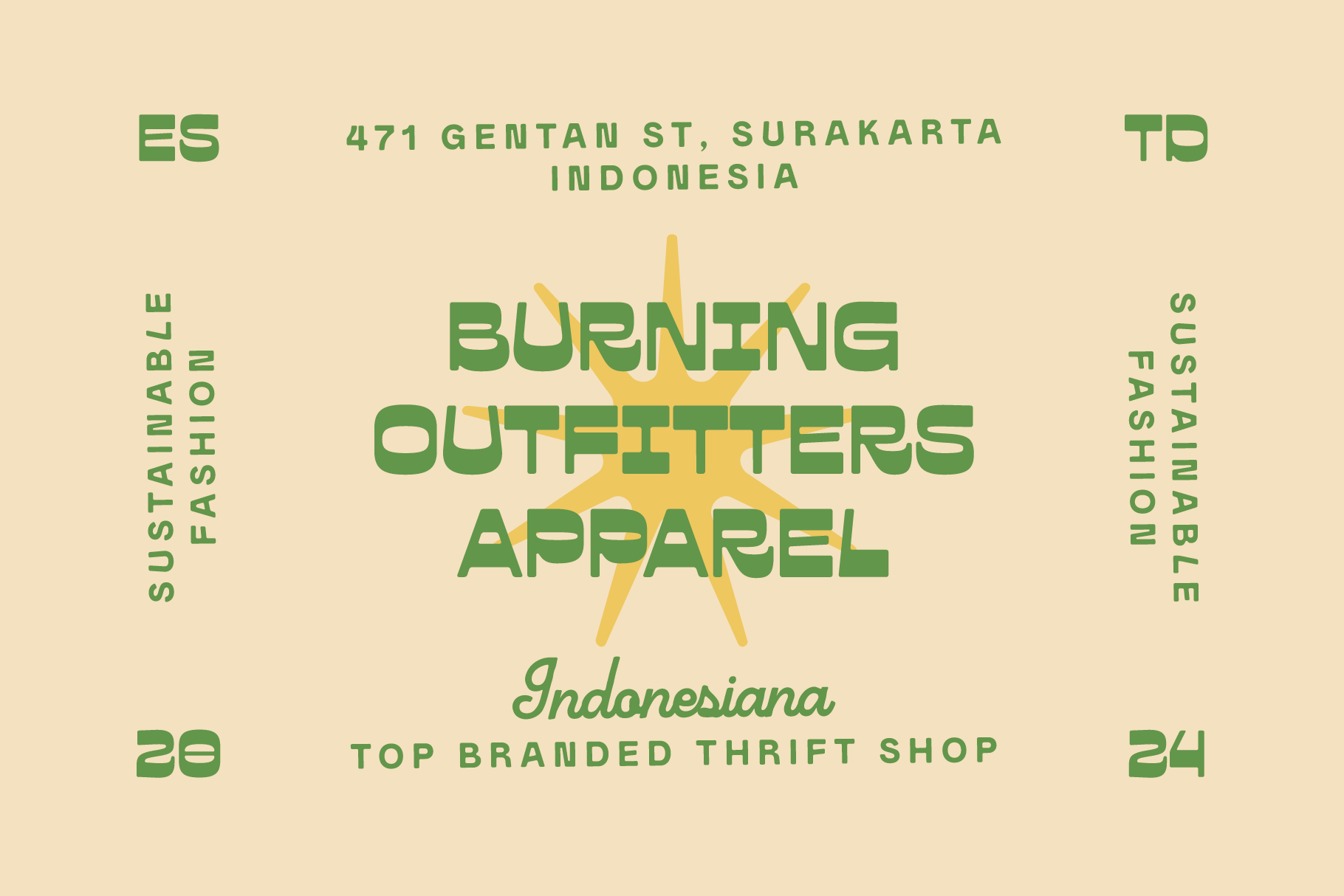 Vintage logo design for Burning Outfitters Apparel. Sustainable fashion theme, green typography. Suitable for graphics, branding, digital assets.