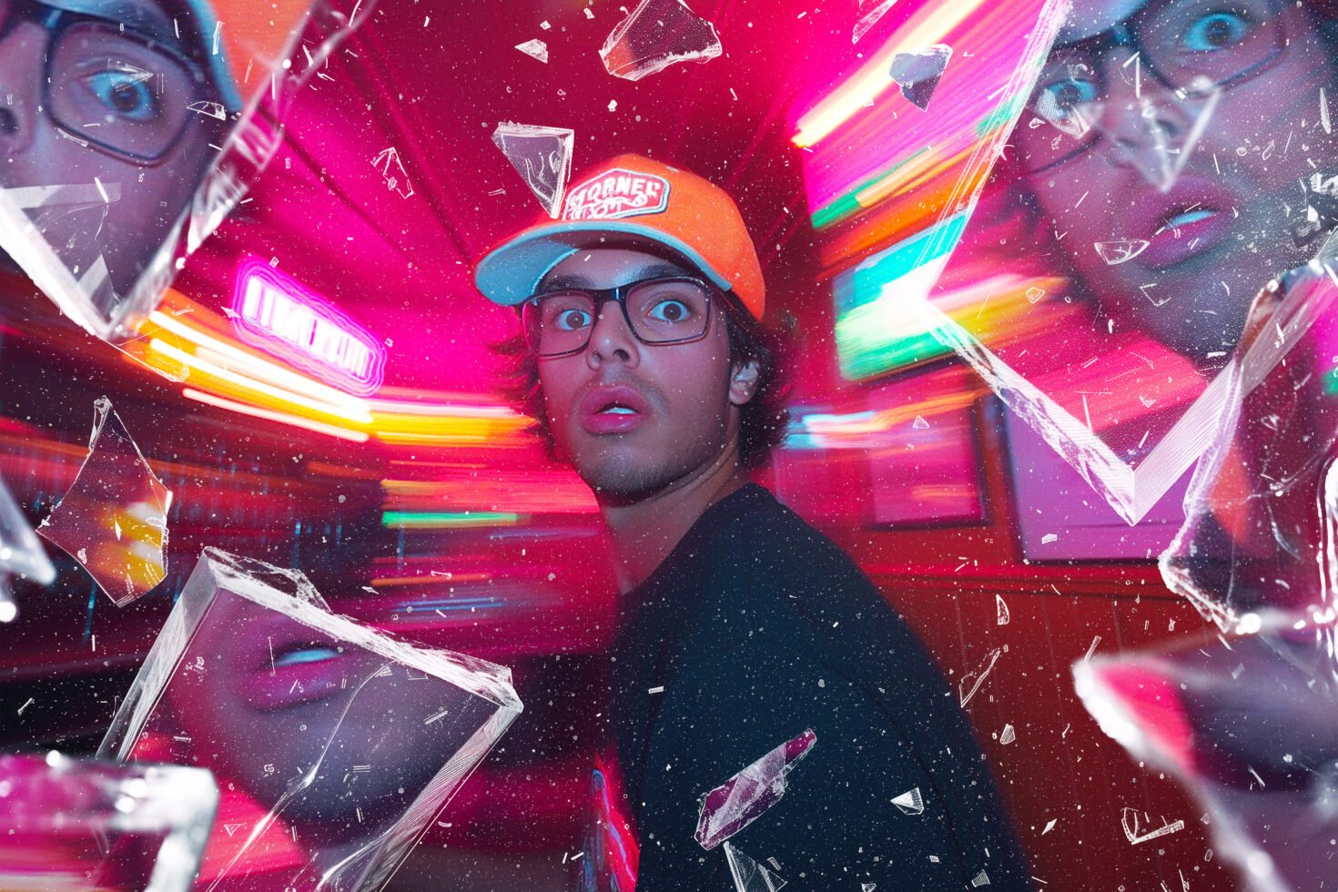 Vibrant urban graphic design with a young man surrounded by neon lights and shattered glass effects. Perfect for digital art, mockup, and designer templates.