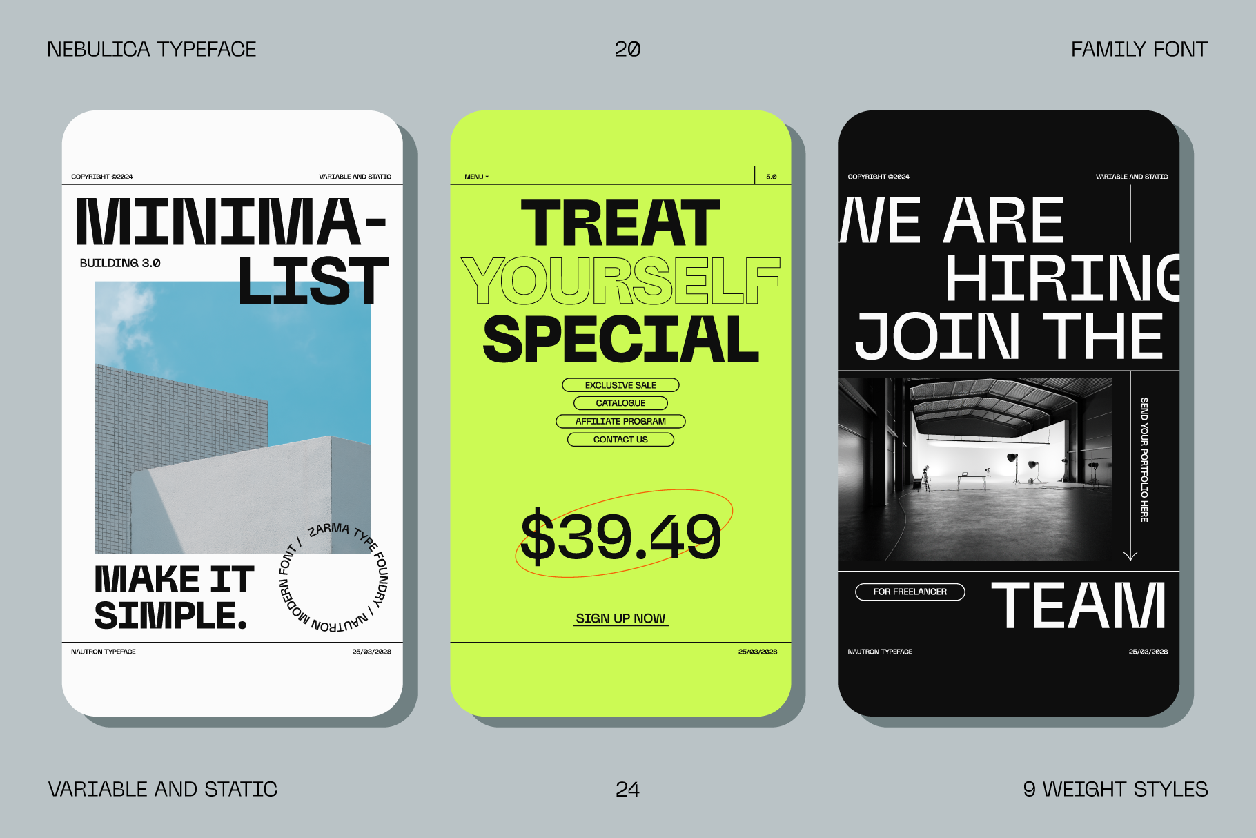 Bold minimalist typeface mockup design featuring promotional posters. Includes static and variable font styles, perfect for creative typography projects.