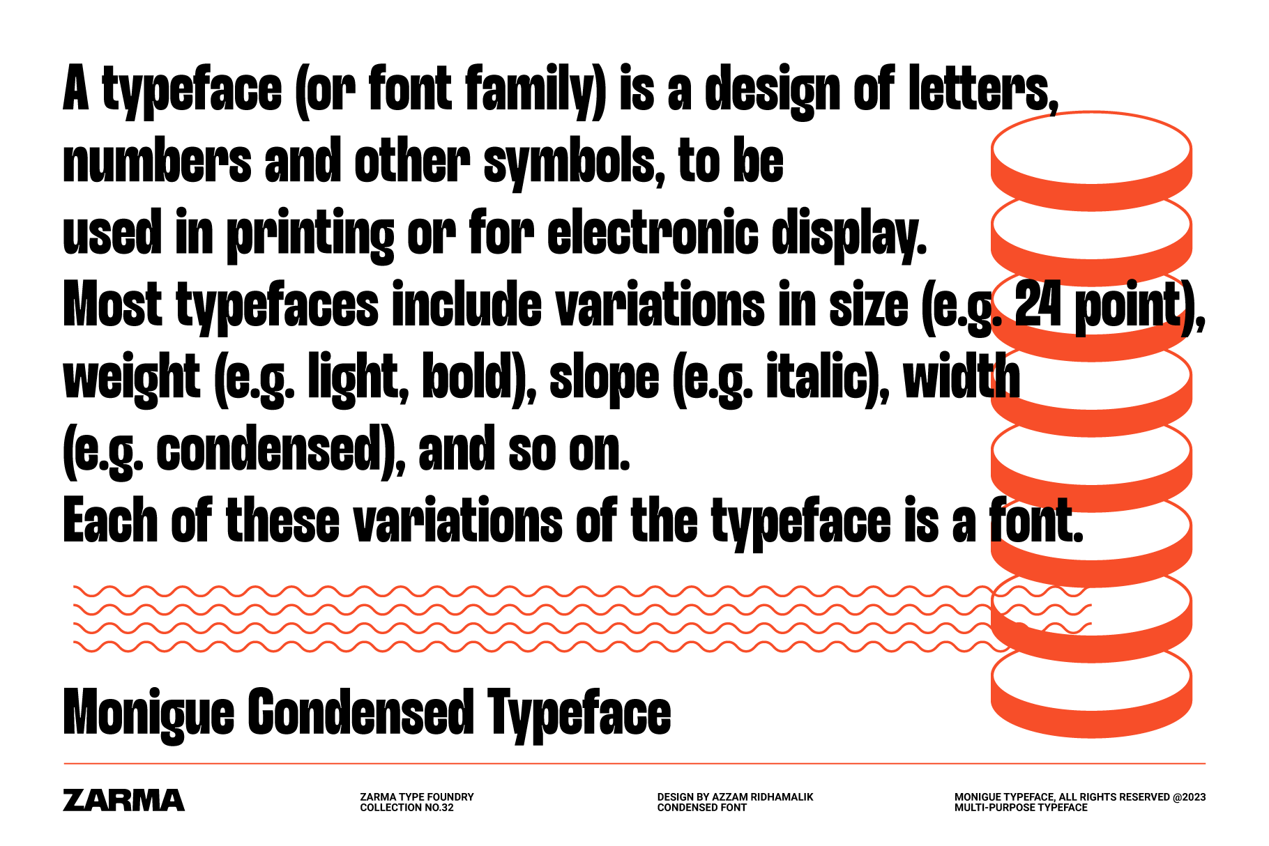 Bold condensed typeface with layered red rings design. Includes variations in size, weight, and width. Ideal for print and digital applications.