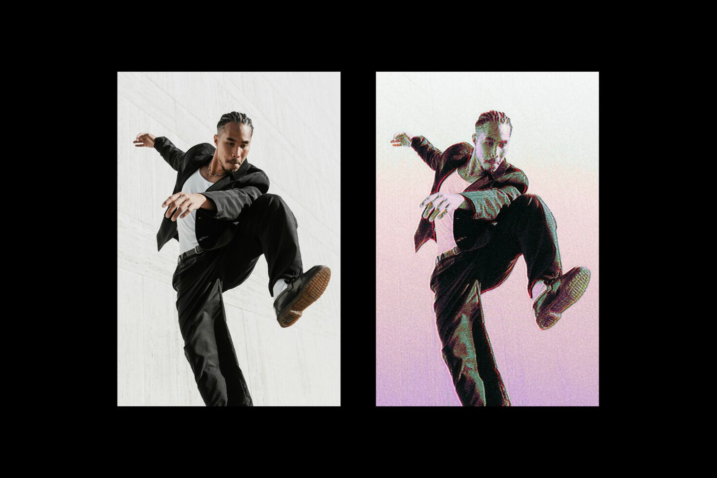 Dynamic dance mockup featuring a man in motion with two styles bright and grainy. Perfect for creative projects, graphics, and design inspiration.