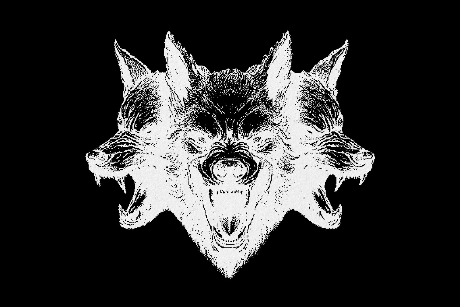 Triple wolf head graphic illustration, monochrome, intricate details, fierce expression, ideal for t-shirt design, graphic art, textile design elements.