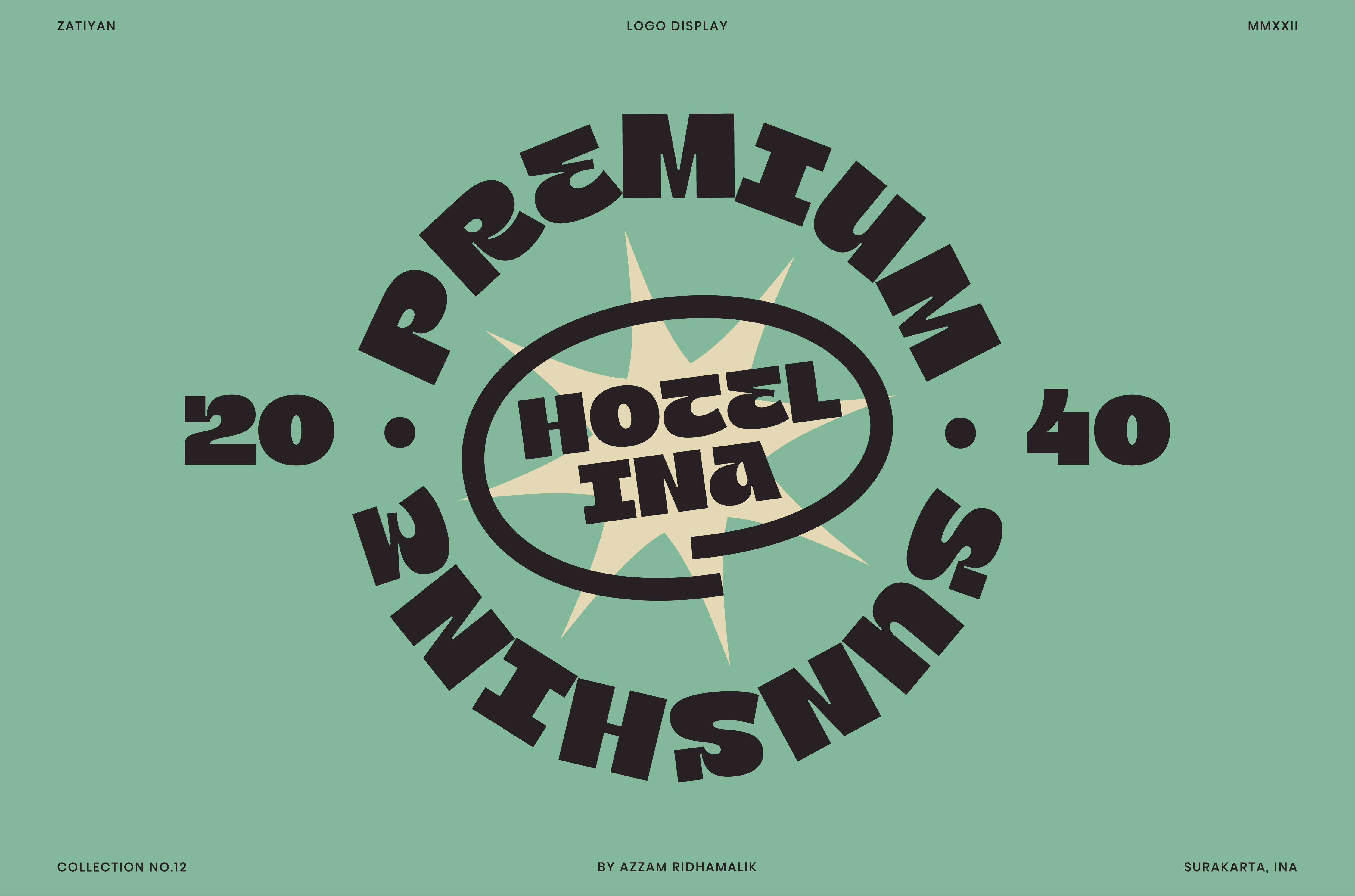 Retro style logo display for Premium Sunshine Hotel Ina. Features bold typography on a green background. Ideal for graphic designers seeking vintage templates.