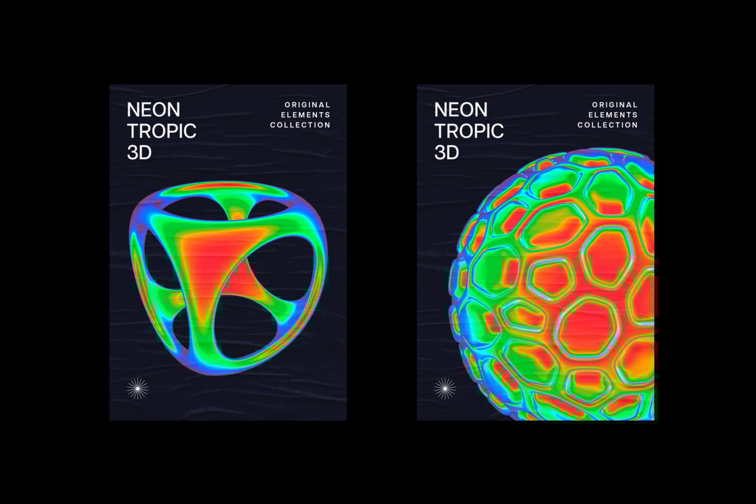 Neon Tropic 3D abstract graphics collection featuring vibrant geometric shapes in rainbow colors ideal for designers seeking unique creative assets