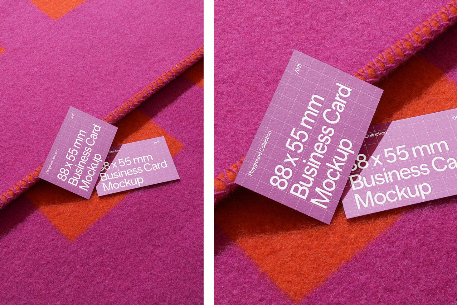 Purple business card mockups on magenta fabric with orange stripe