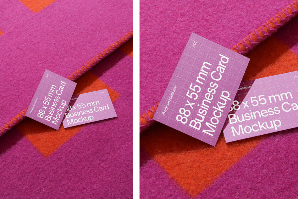 Business card mockup on vibrant pink and orange fabric. Ideal for designers. Features 88x55 mm cards showcasing modern, creative branding templates.