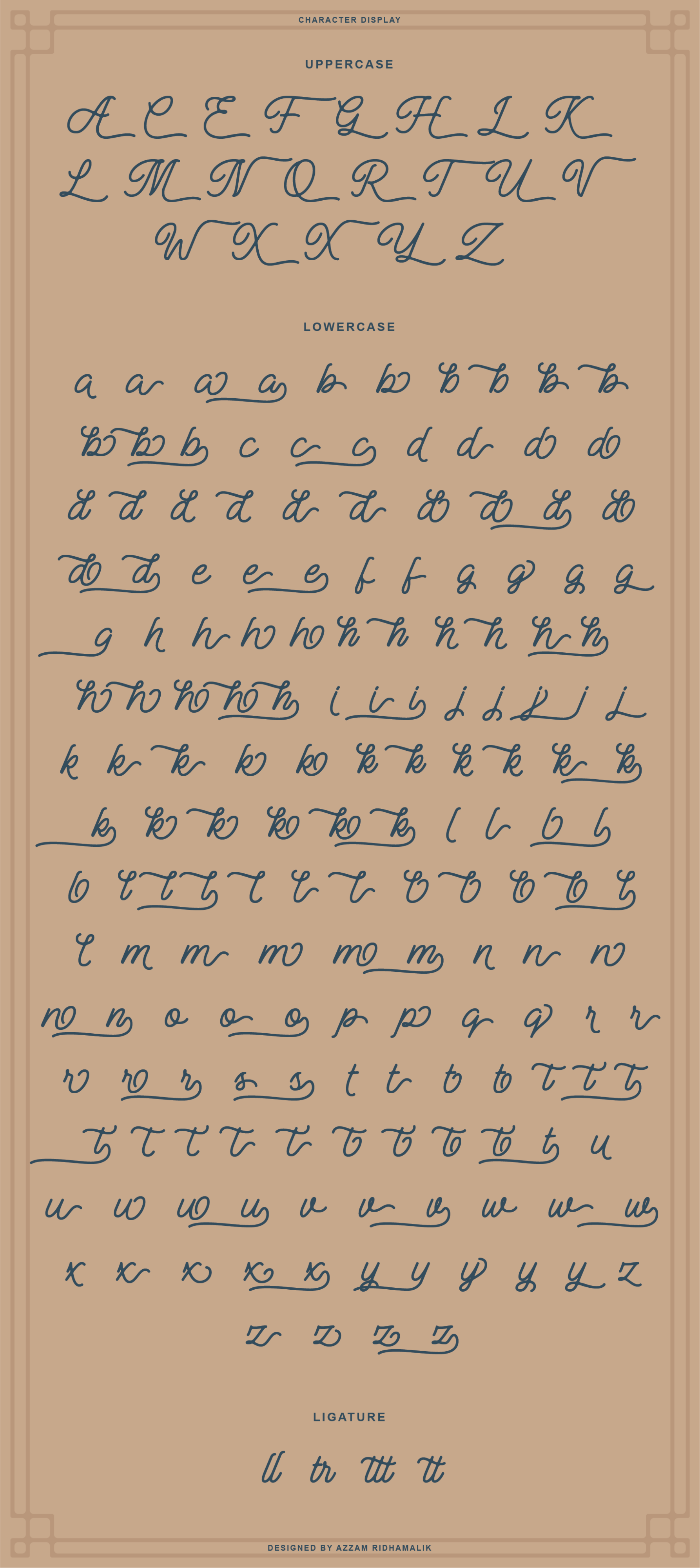 Manteman Monoline Script character set showing uppercase lowercase ligatures