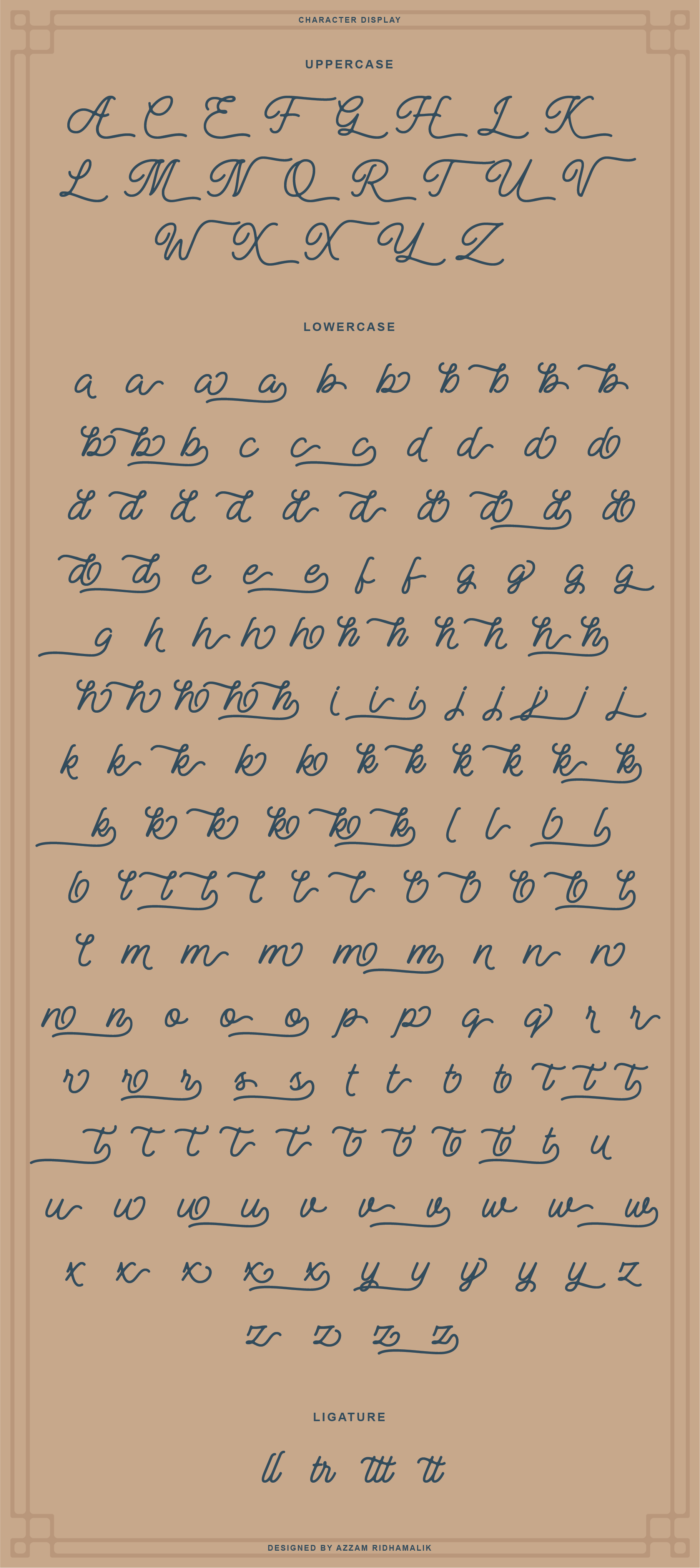 Cursive script font design showcasing uppercase lowercase letters and ligatures. Ideal for designers seeking unique typography assets or font templates.