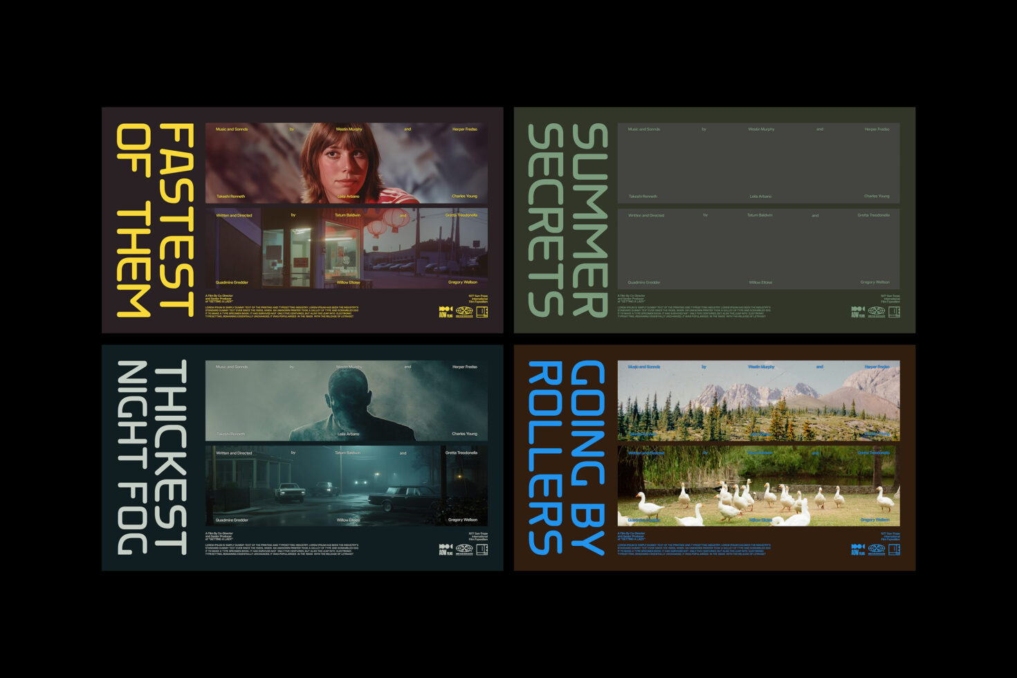 Movie poster mockup set featuring four film-themed designs. Includes Fastest of Them, Summer Secrets, Thickest Night Fog, Going by Rollers.