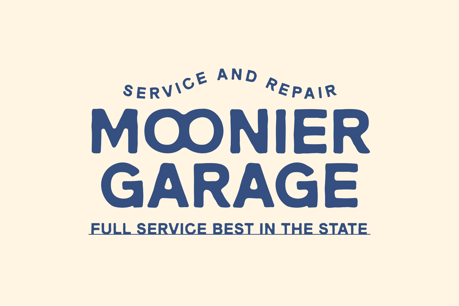 Moonier Garage service repair sign in navy blue text on cream background