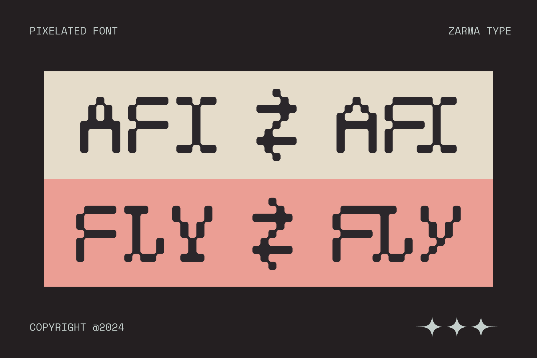 Pixelated font sample split across cream upper section, pink lower section