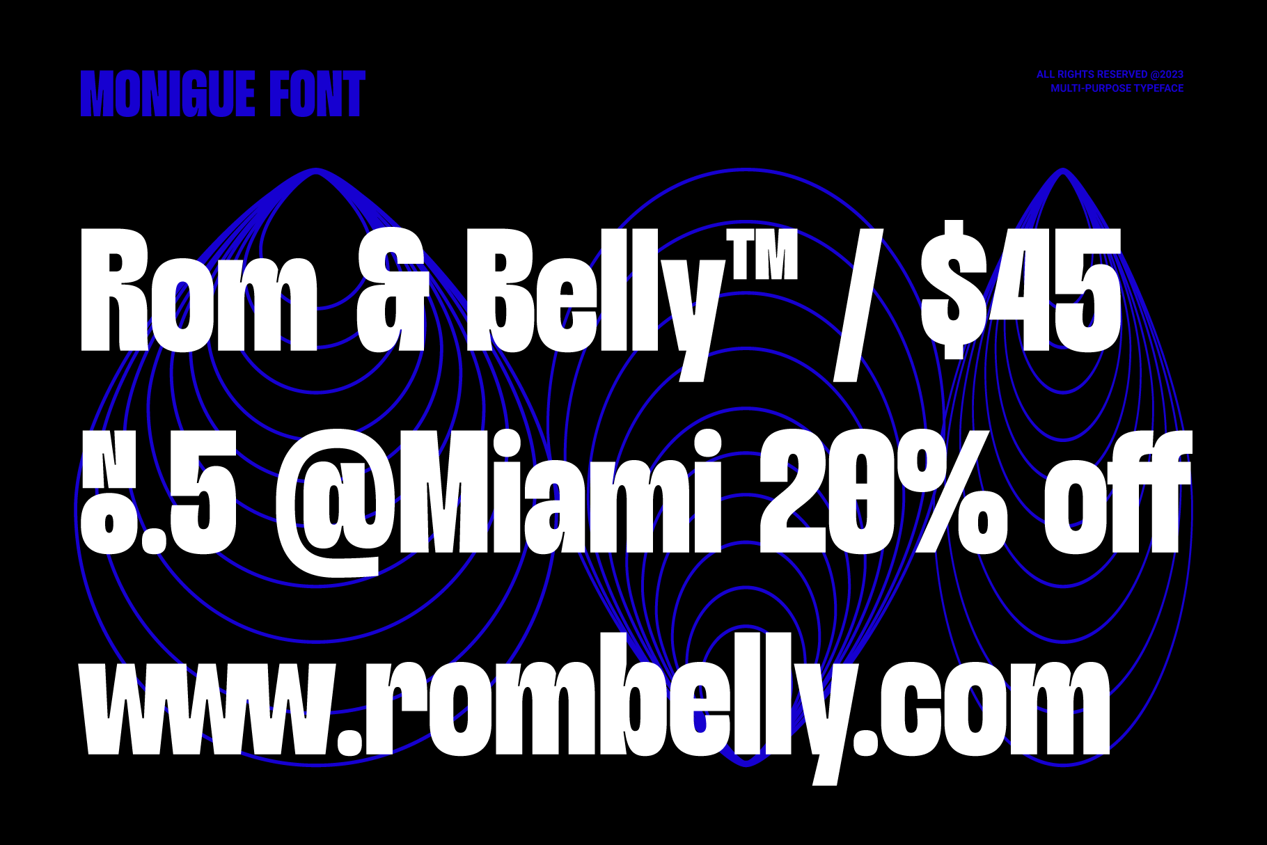 Bold font promotion graphic with layered blue lines and large white text. Includes discount offer and website. Ideal for typography or graphic design use.