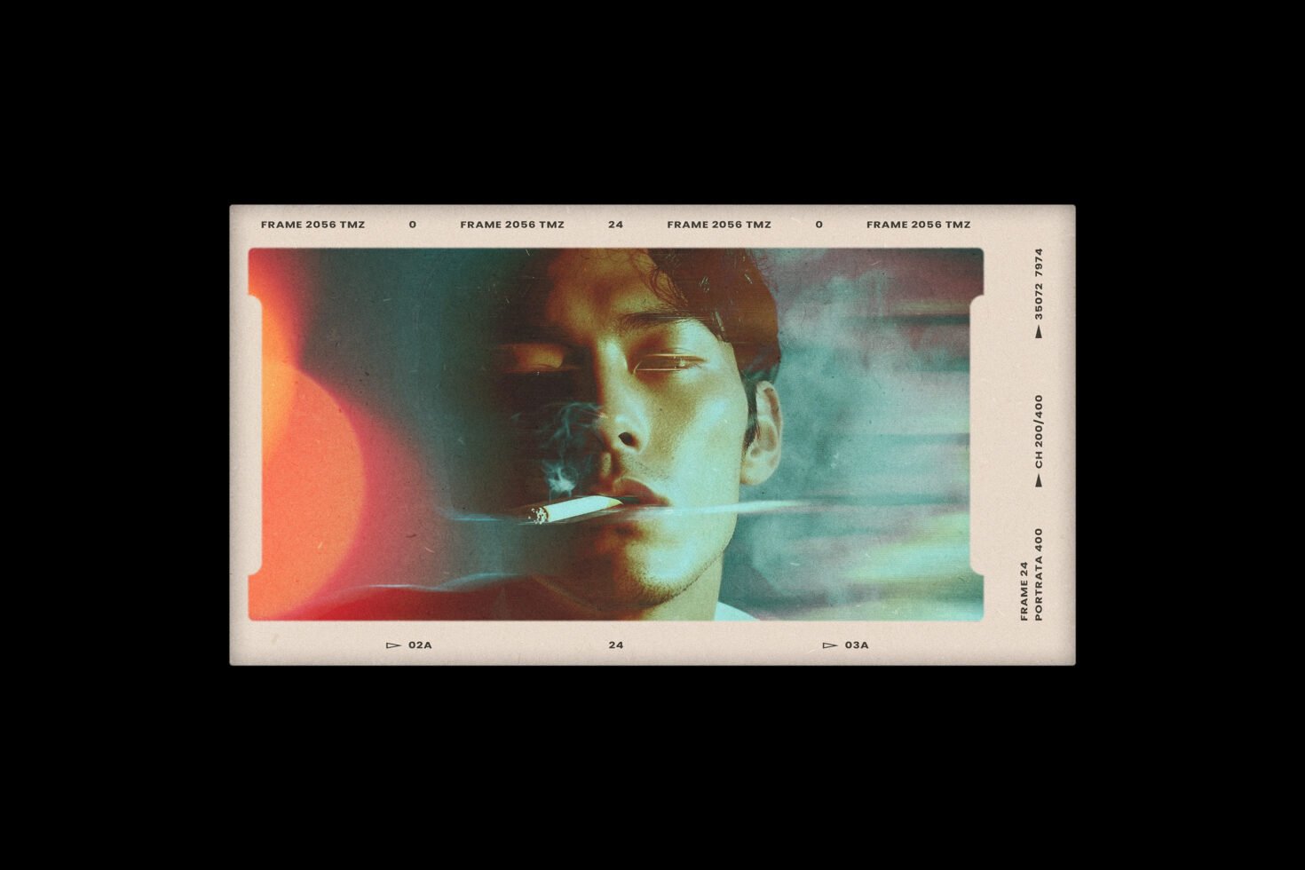 Vintage style portrait of a man smoking, with cinematic light leaks. Ideal for graphic design, retro mockup projects, and creative templates.